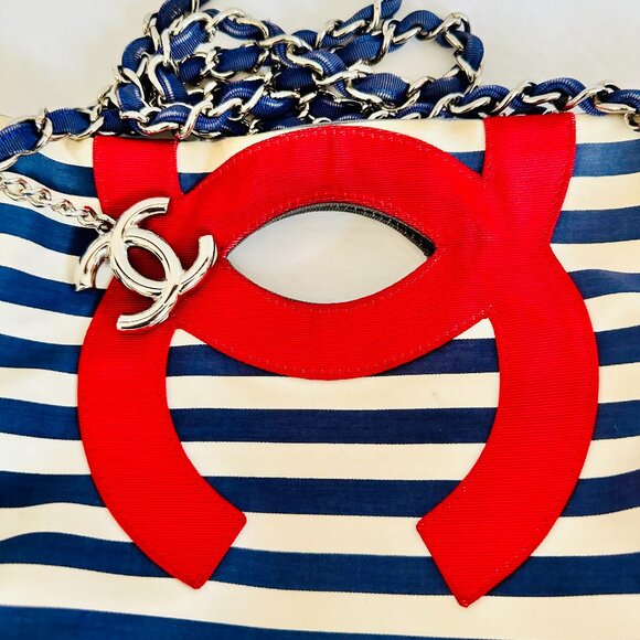 AUTHENTIC CHANEL CRUISE LINE CHAIN STRAP RED WHITE BLUE STRIPE RESORT VINTAGE - Picture 8 of 16